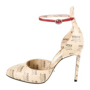 Gucci Apollo Gucci Stamp Print Beige Leather Logo Ankle Strap Pumps EU37.5 US7.5